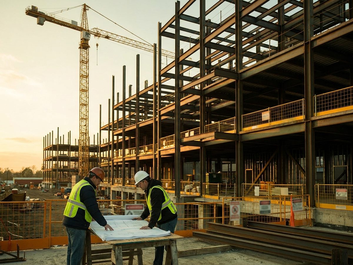 Superintendent leading a pre-shift safety huddle on the commercial construction project from the TRIR case study