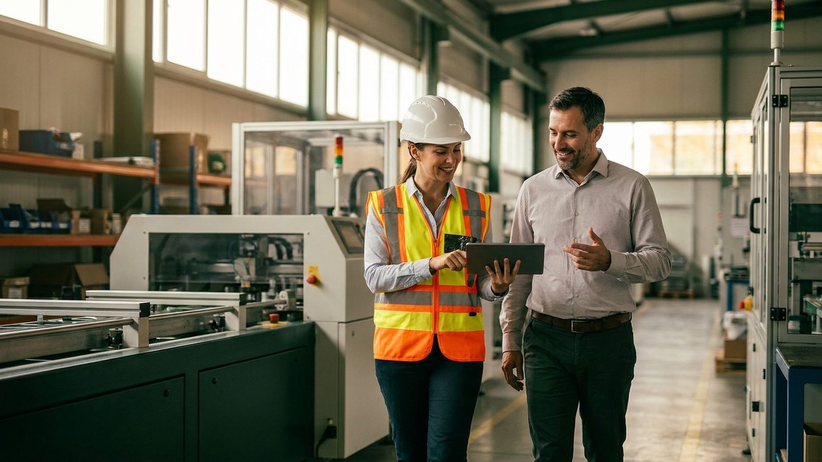 EHS consultant reviewing a compliance checklist with a plant manager on a manufacturing floor